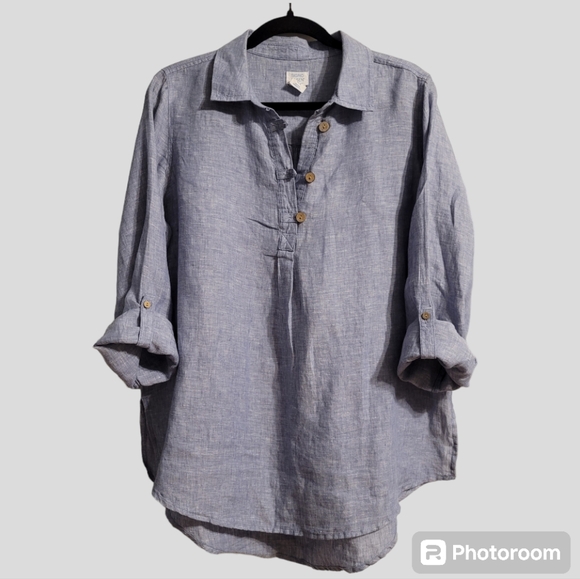 Sigrid Olsen Linen Tunic Top Women's Medium Blue Roll-Tab Sleeve High-Low Hem - Picture 8 of 10